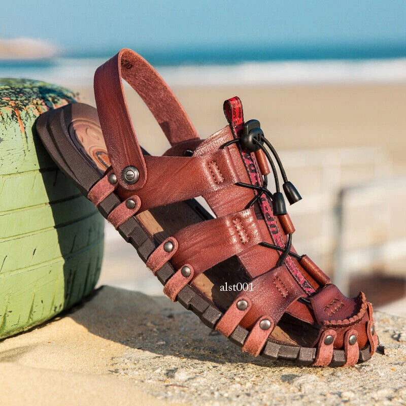 Mens Summer Sandals Round Toe Casual Beach Sports Shoes Leather Slippers Slip On