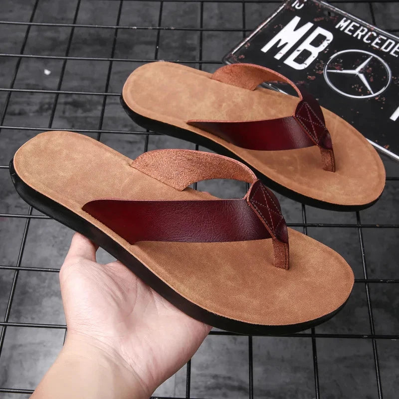 FUQIAO Summer Sandals Men Leather Classic Roman Open-toed Slipper Outdoor Beach