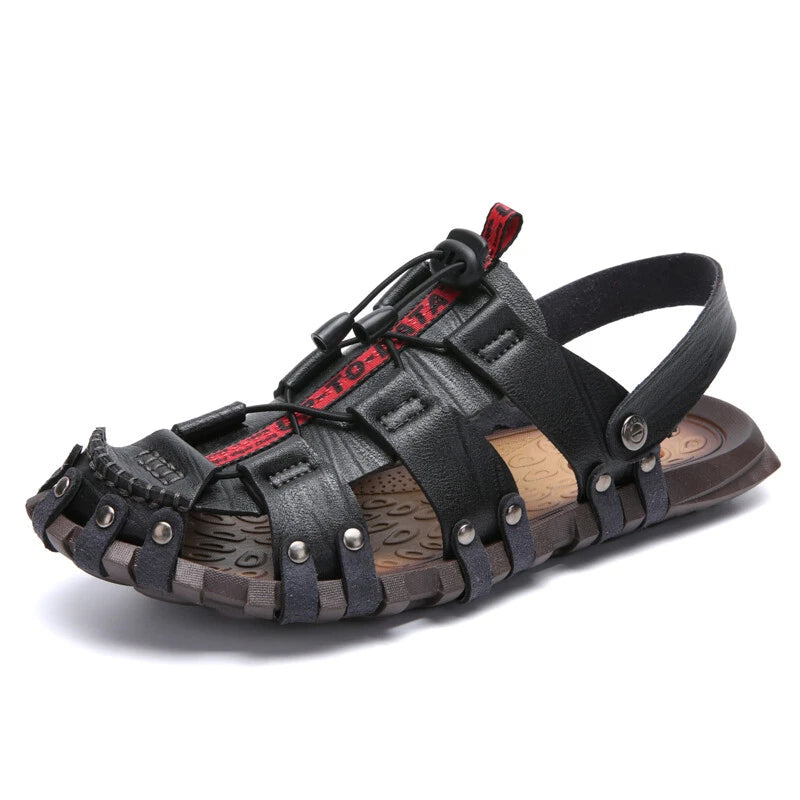 Mens Summer Sandals Round Toe Casual Beach Sports Shoes Leather Slippers Slip On