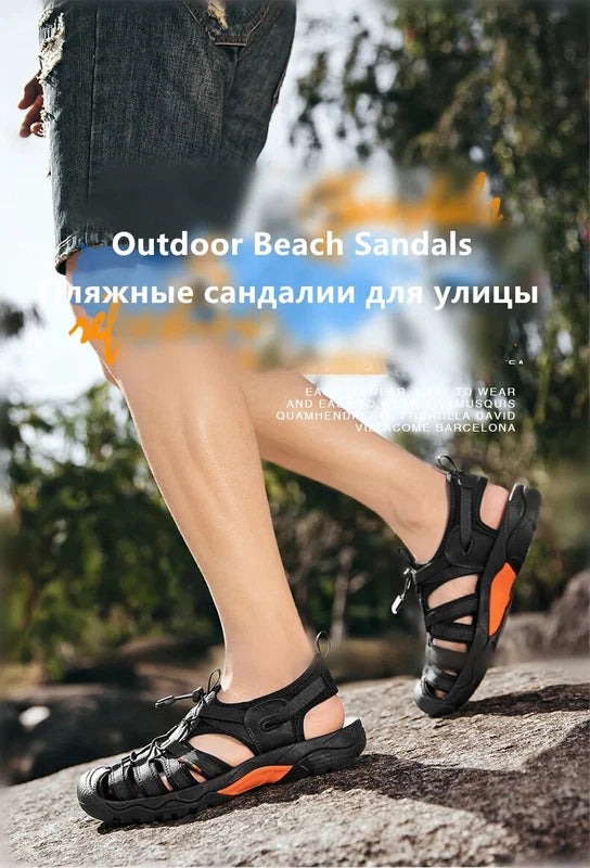 Summer Leather Men Sandals Breathable Casual Slippers Soft Sole Beach Sneakers