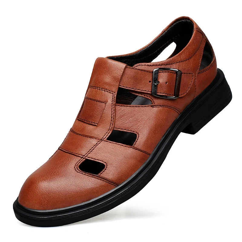 Summer Hollow Leather Men's Casual Sandals Breathable Flat Soft Sole Shoes