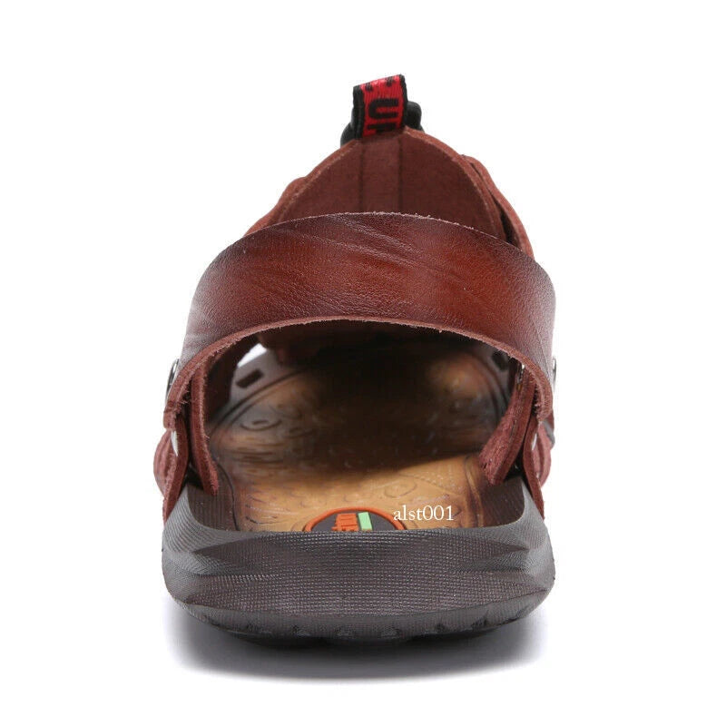 Mens Summer Sandals Round Toe Casual Beach Sports Shoes Leather Slippers Slip On