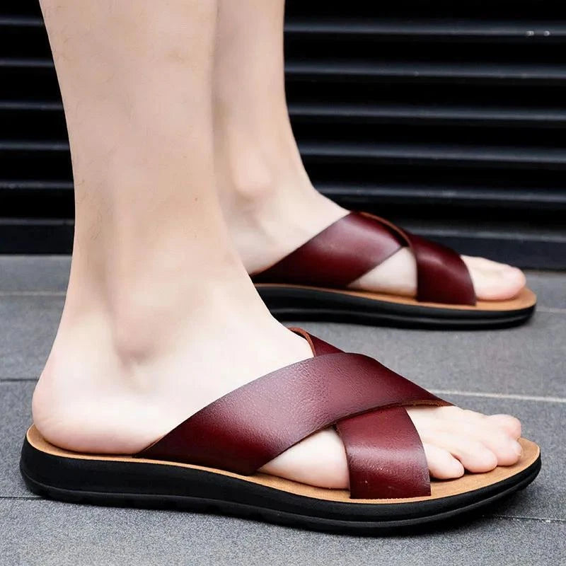 Men Shoes Italian Leather Slippers Men Beach Summer Shoes High Quality Big Size