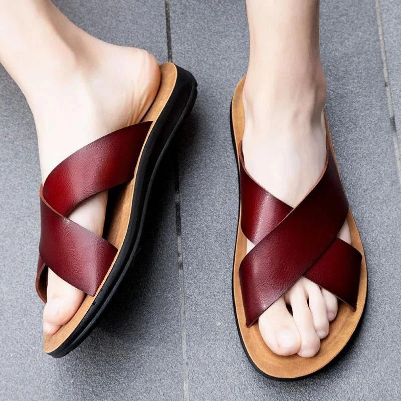 Men Shoes Italian Leather Slippers Men Beach Summer Shoes High Quality Big Size