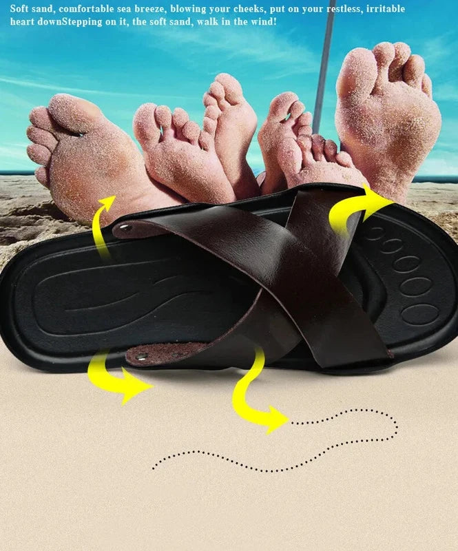 Summer Mens Slippers Cow Leather Beach Sandals Lightweight Comfy Flip Flops