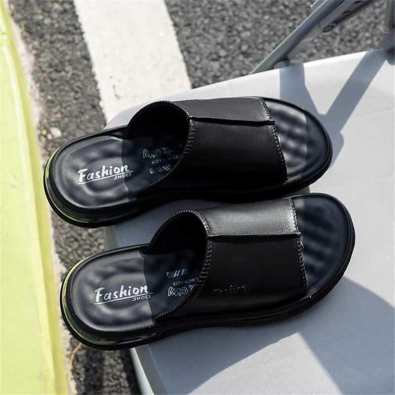 Men's Leather Slides Open Toe Outdoor Slippers Comfort Casual Sandals