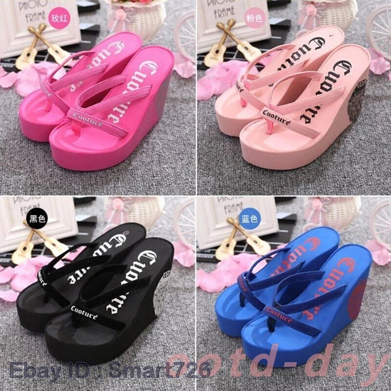 Summer Women High Heel Sandals Slippers Platform Wedge Flip Flops Beach Shoes