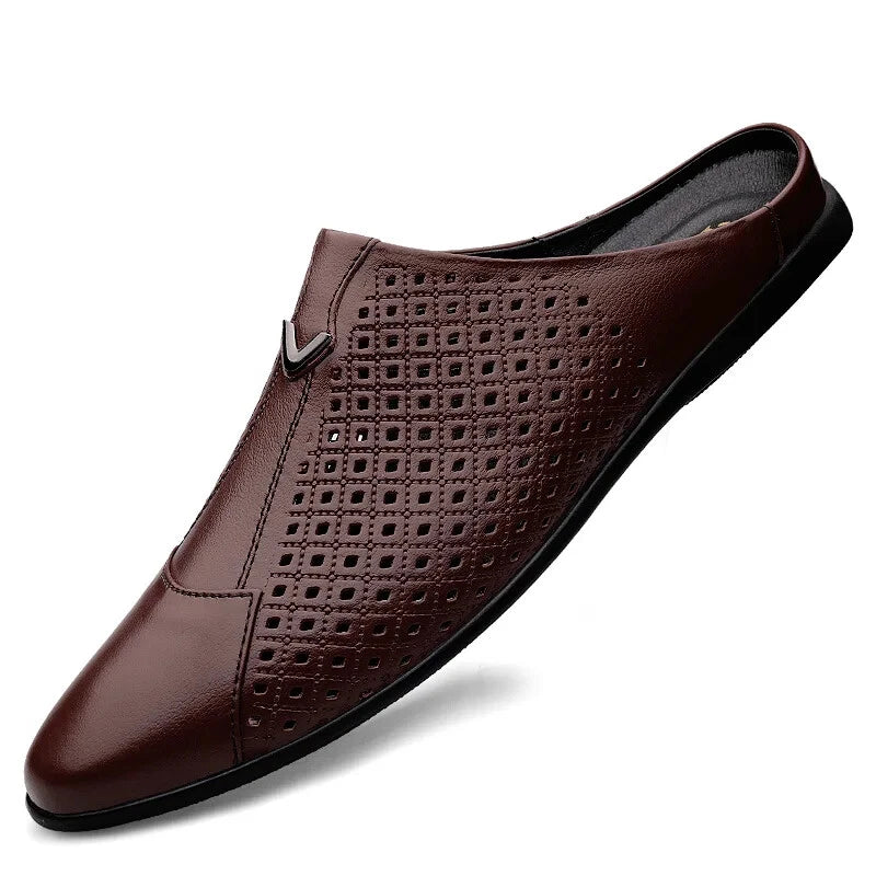 Men Leather Casual Slippers Half Drag Waterproof Loafers Non-slip Soft Sandals
