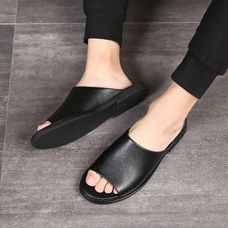 Men Slippers Leather Flats Summer Beach Soft Business Men Solid Outdoor Sandals