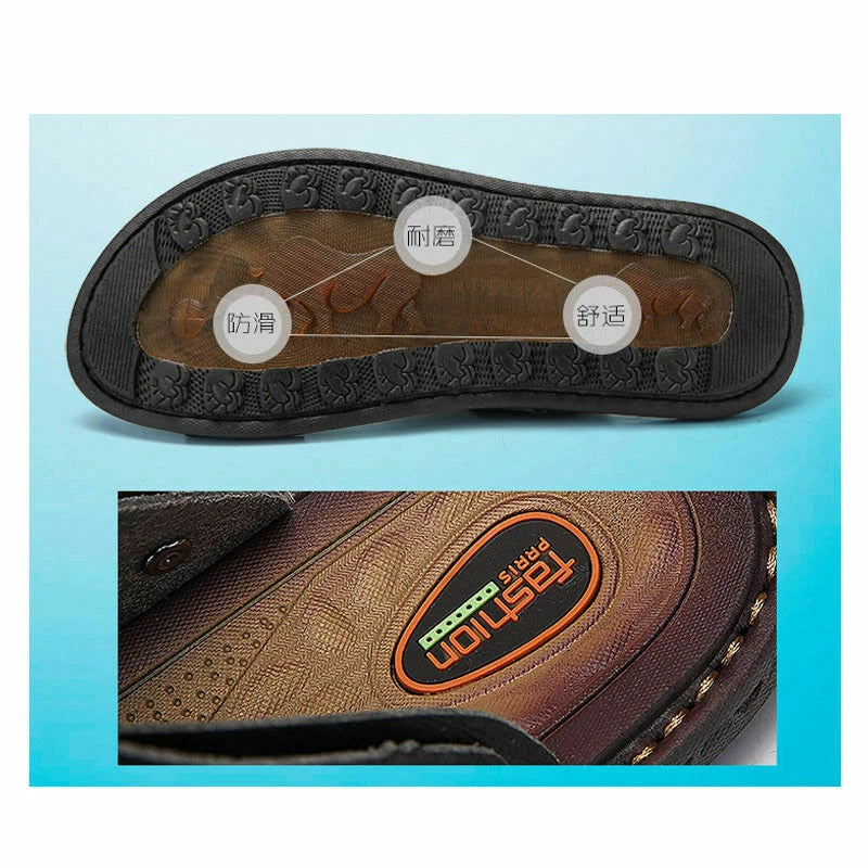 Mens Faux Leather Sandals Beach Flats Flip Flops Casual Slipper Shoes Summer Sz