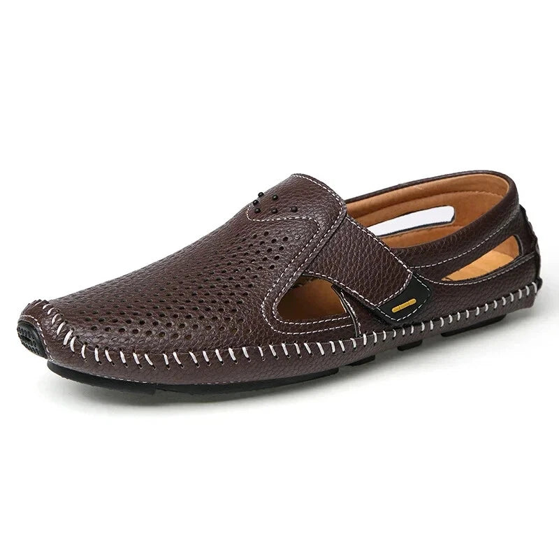 Men's Sandals Summer Leather Breathable Beach Slippers Flat Soft-Soled Shoes