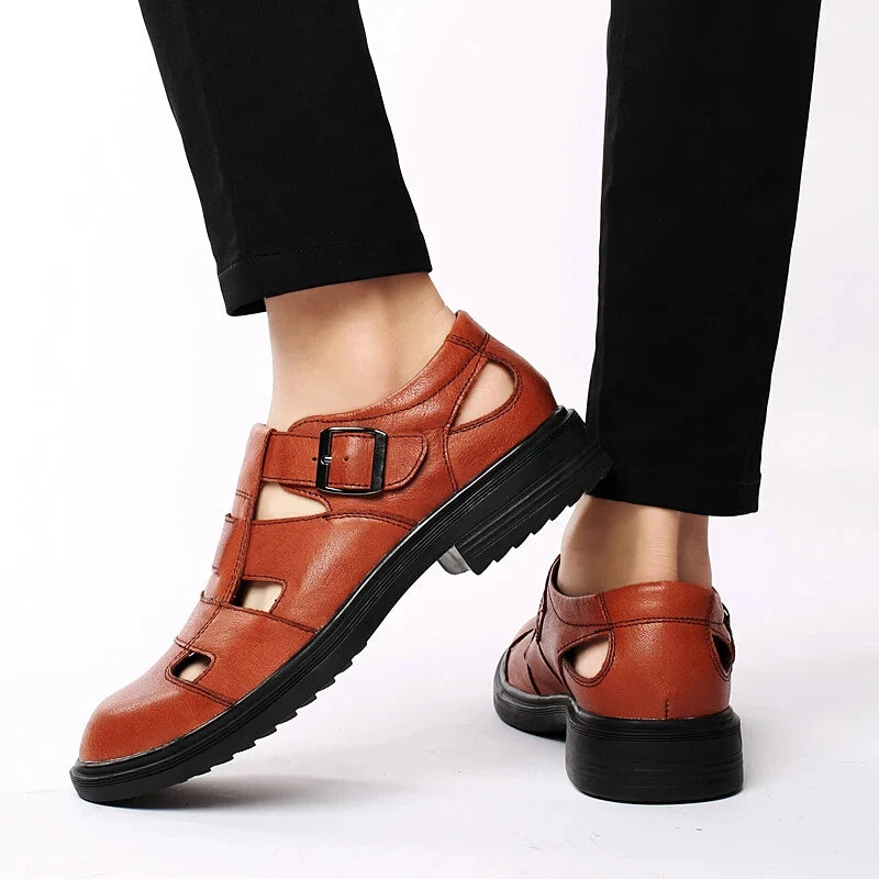 Summer Hollow Leather Shoes Men's Casual Sandals Breathable Lightweight Slippers