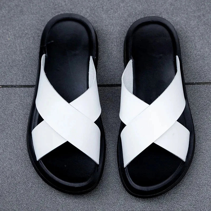 FUQIAO Summer Sandals Men Leather Classic Roman Open-toed Slipper Outdoor Beach