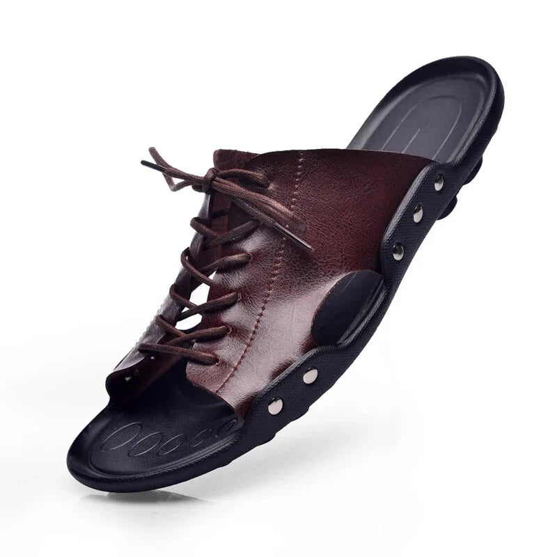 Summer Mens Slippers Cow Leather Beach Sandals Lightweight Comfy Flip Flops