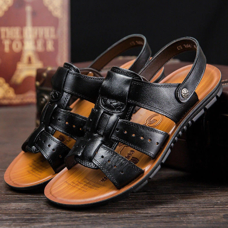 Mens Open Toe Driving Sandals Leather Summer Shoes Casual Outdoor Beach Slippers