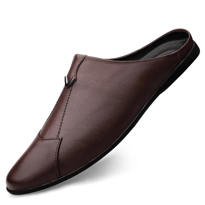 Men Leather Casual Slippers Half Drag Waterproof Loafers Non-slip Soft Sandals