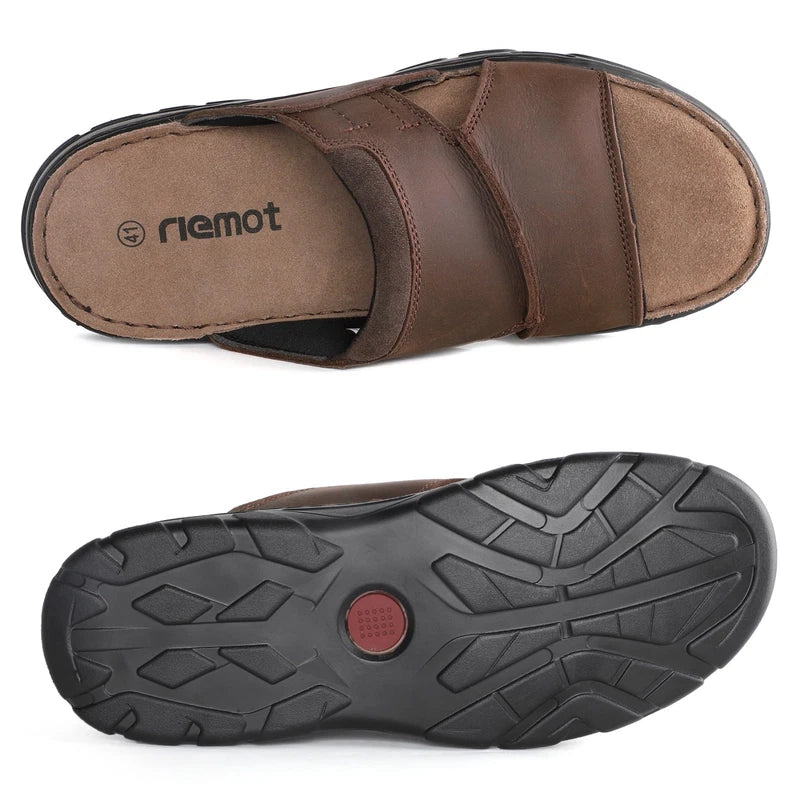 riemot men's leather sandals thick bottom non-slip lightweight slippers