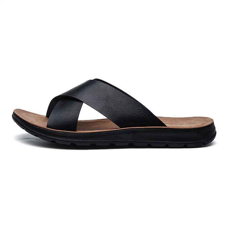 Men's Genuine Leather Slide Sandal Men's Outdoor Sports Slippers Beach Sandals