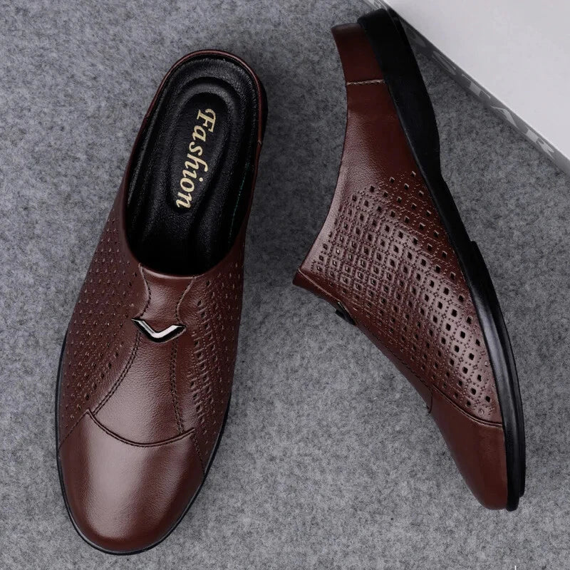 Men Leather Casual Slippers Half Drag Waterproof Loafers Non-slip Soft Sandals