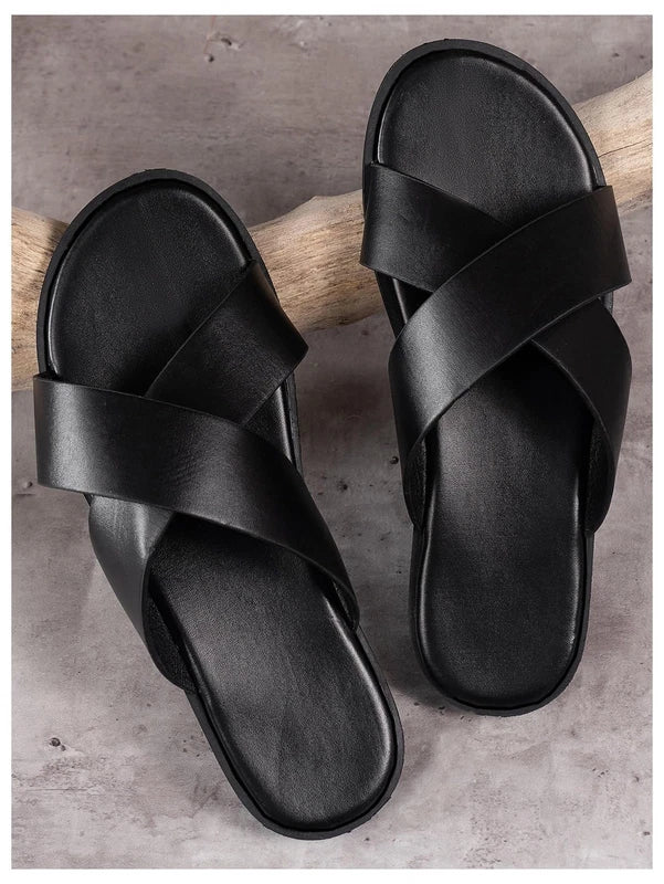 Men's PU Leather Cross Strap Slide Sandals, Summer Beach Footwear Slippers