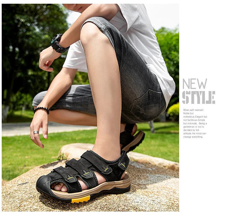 Summer Men Sandals Genuine Leather Casual Sneakers Breathable Beach Slippers