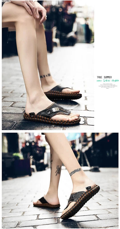 Men's Sandals Summer Outdoor Beach Leather Flip Flops Slippers Casual Shoes
