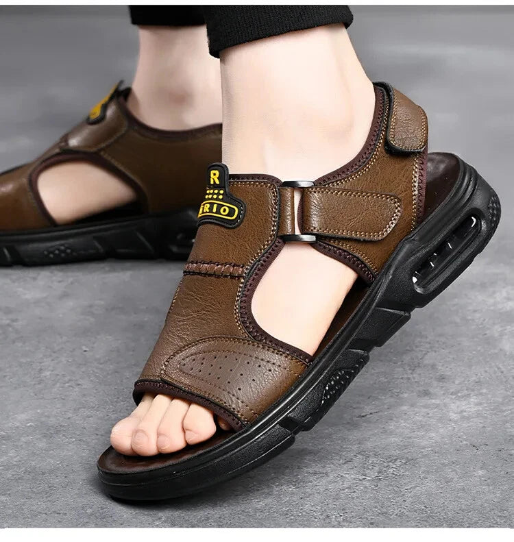 Men's Summer Cow Leather Sandals Designer Leisure Shoes Outside Beach Slippers