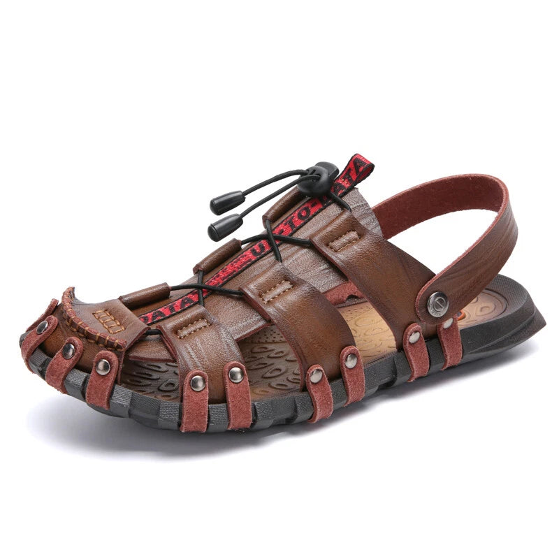Mens Summer Sandals Round Toe Casual Beach Sports Shoes Leather Slippers Slip On