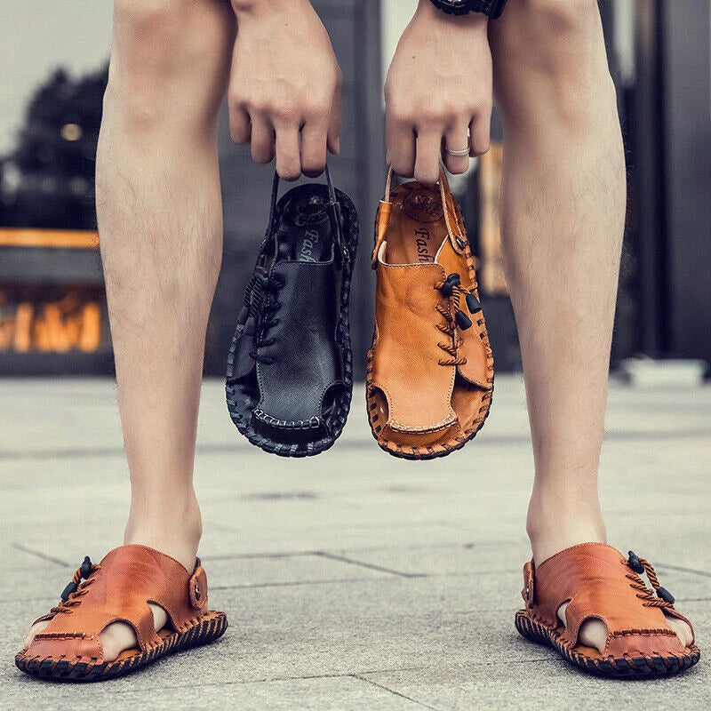 Mens Genuine Leather Beach Shoes Casual Sandals Summer Sports Soft Slippers