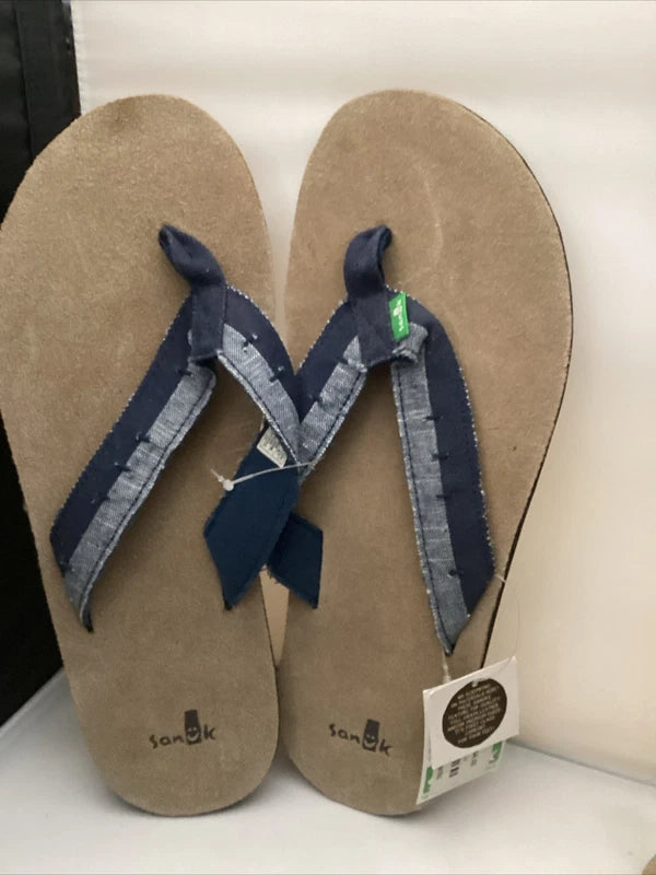 Sanuk Flip Flops Mens Blue Suede Leather Canvas Comfort Sandals Slippers Dr Fray