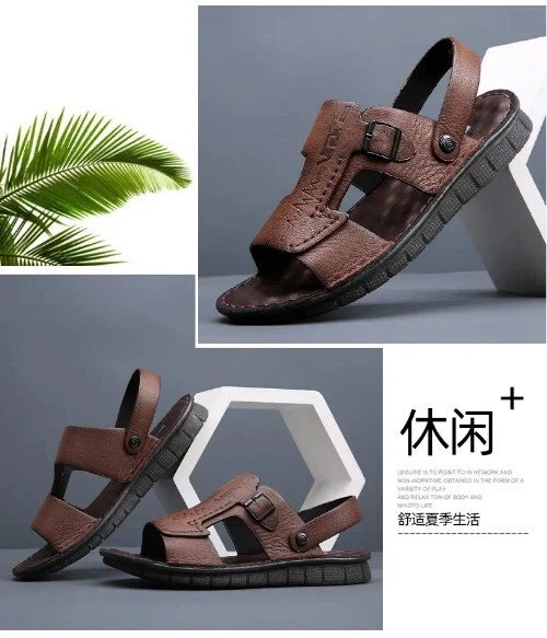 Fashion Mens Casual Beach Sandals Top Layer Cowhide Slippers Summer Shoes