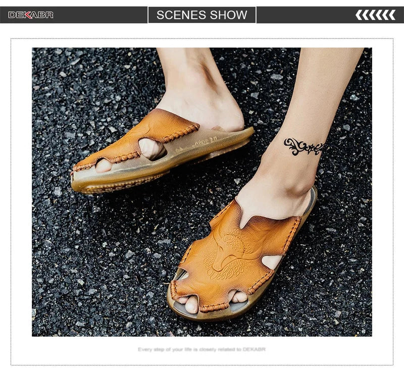 Men Slippers Genuine Leather Beach Anti-Slip Fashion Comfortable Casual Shoes
