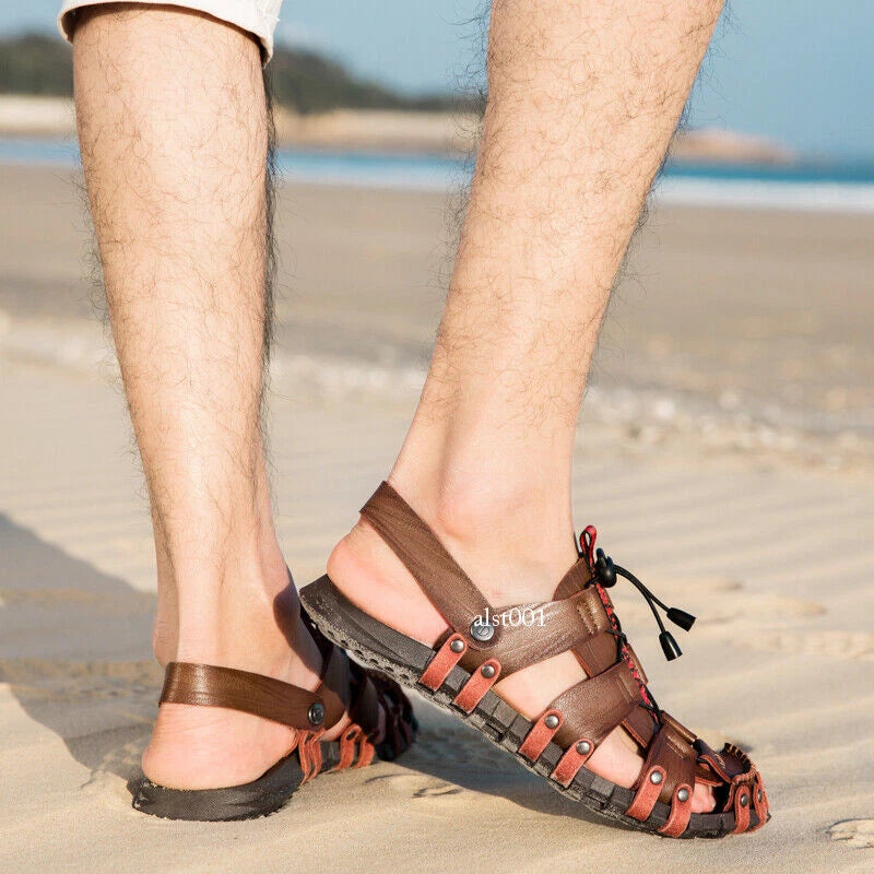 Mens Summer Sandals Round Toe Casual Beach Sports Shoes Leather Slippers Slip On