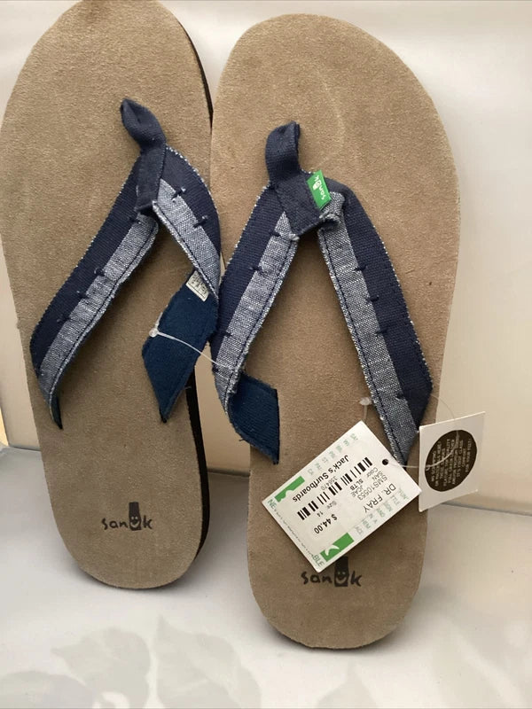 Sanuk Flip Flops Mens Blue Suede Leather Canvas Comfort Sandals Slippers Dr Fray