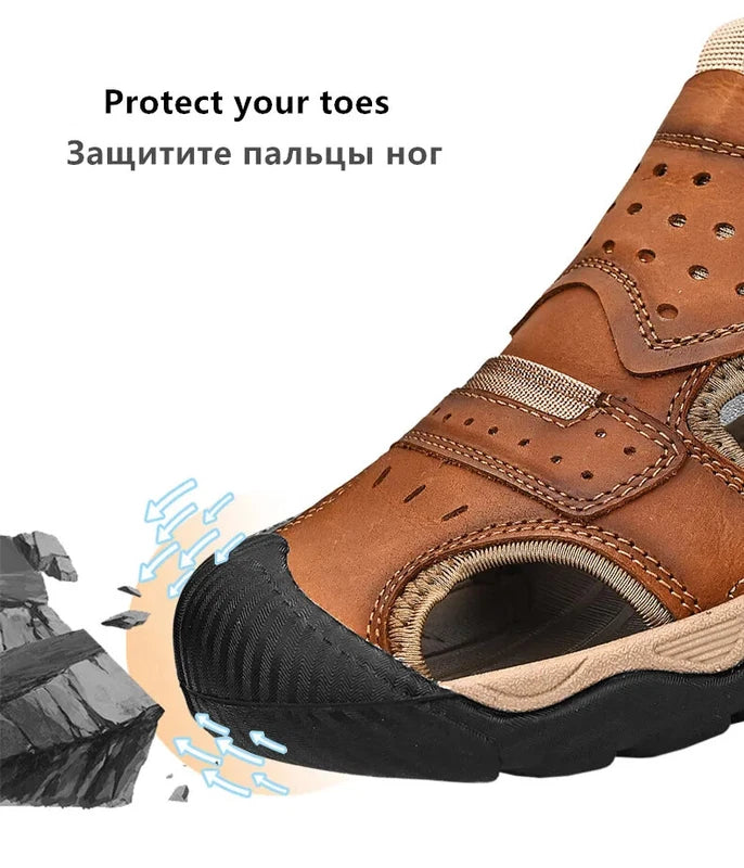 Summer Men Genuine Leather Sandals Non-slip Beach Slippers Handmade Sneakers
