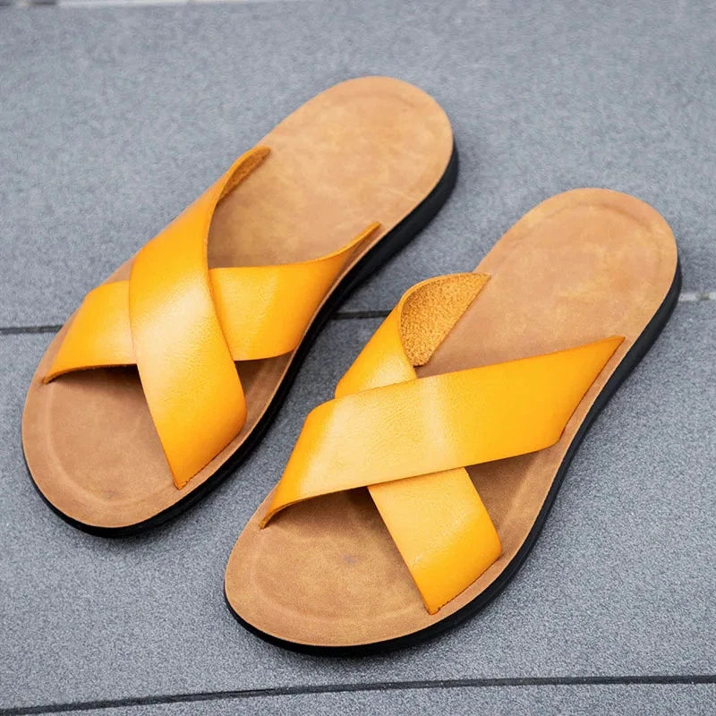 FUQIAO Summer Sandals Men Leather Classic Roman Open-toed Slipper Outdoor Beach
