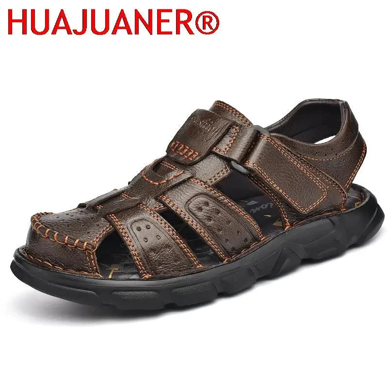 Summer Leather Men's Sandals Outdoor Beach Slippers Hiking Non-slip Flat Shoes