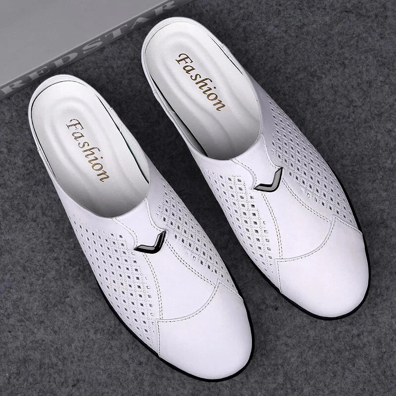 Men Leather Casual Slippers Half Drag Waterproof Loafers Non-slip Soft Sandals
