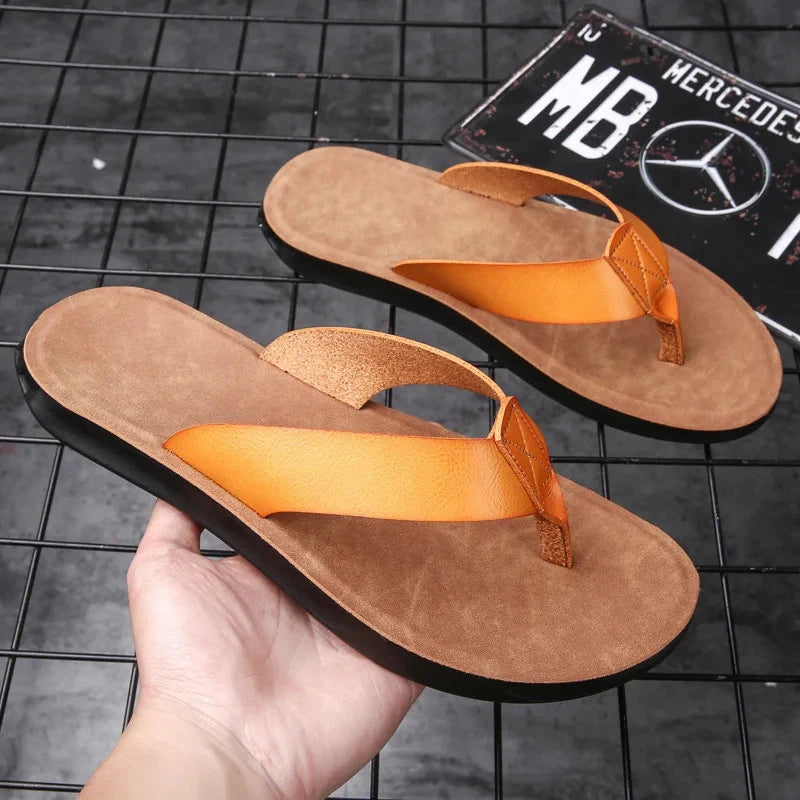 FUQIAO Summer Sandals Men Leather Classic Roman Open-toed Slipper Outdoor Beach