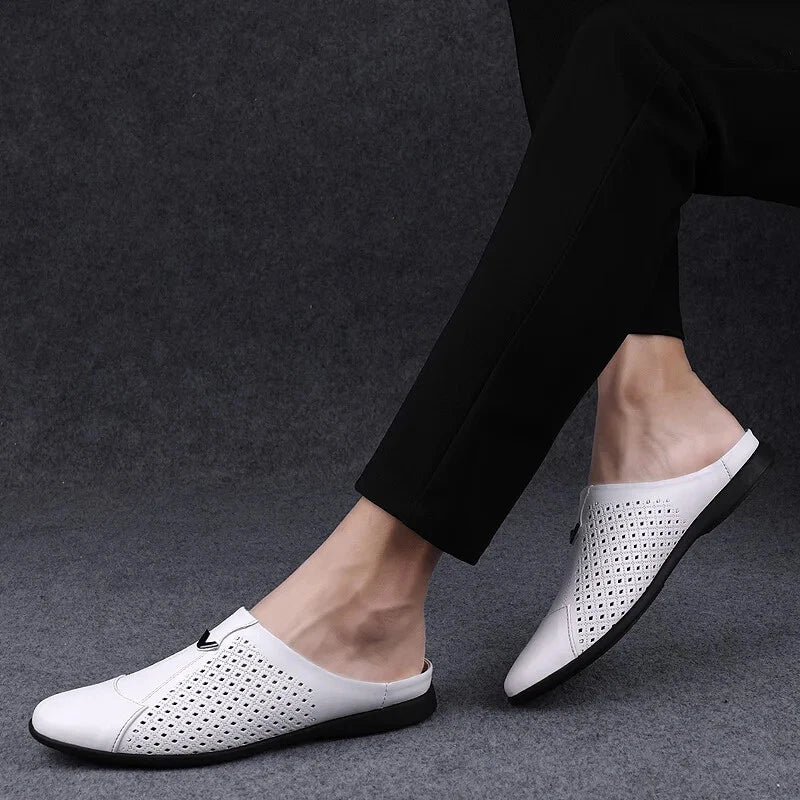 Men Leather Casual Slippers Half Drag Waterproof Loafers Non-slip Soft Sandals