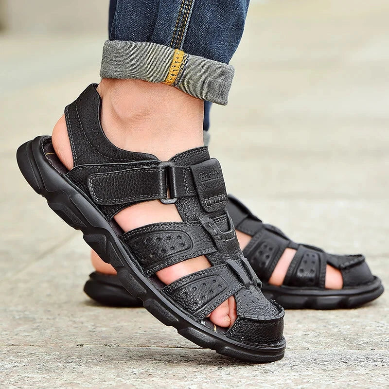 Leather Men Sandals Slip-on Lightweight Soft Hiking Shoes Beach Casual Slippers
