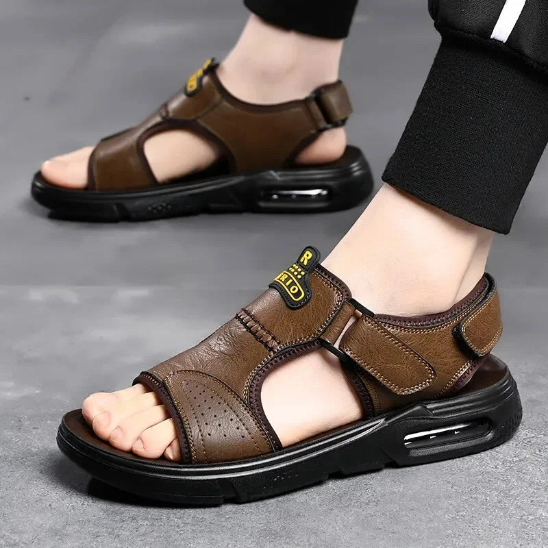 Men's Summer Cow Leather Sandals Designer Leisure Shoes Outside Beach Slippers
