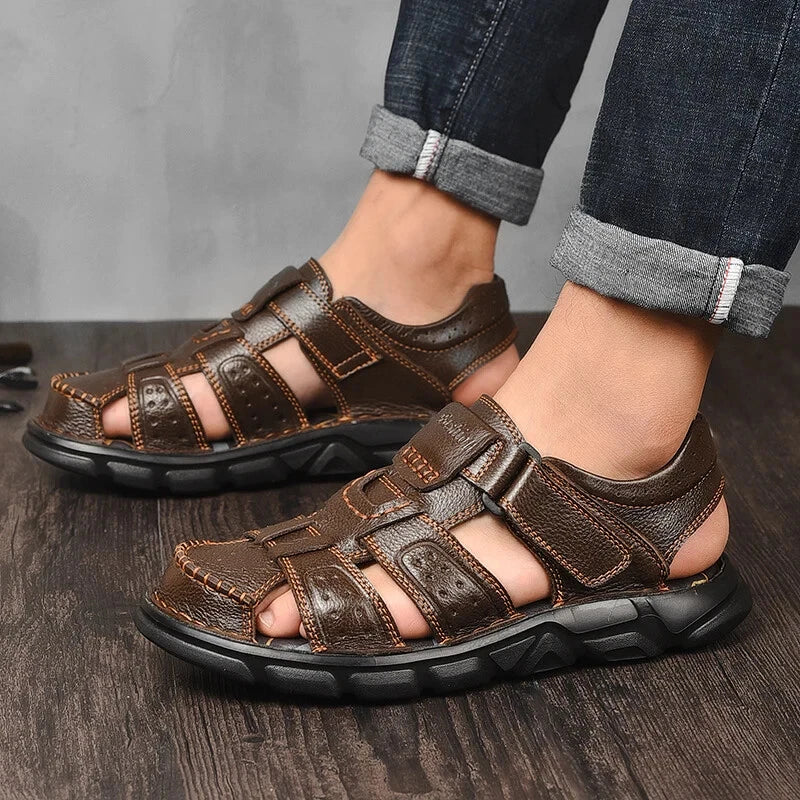 Leather Men Sandals Slip-on Lightweight Soft Hiking Shoes Beach Casual Slippers
