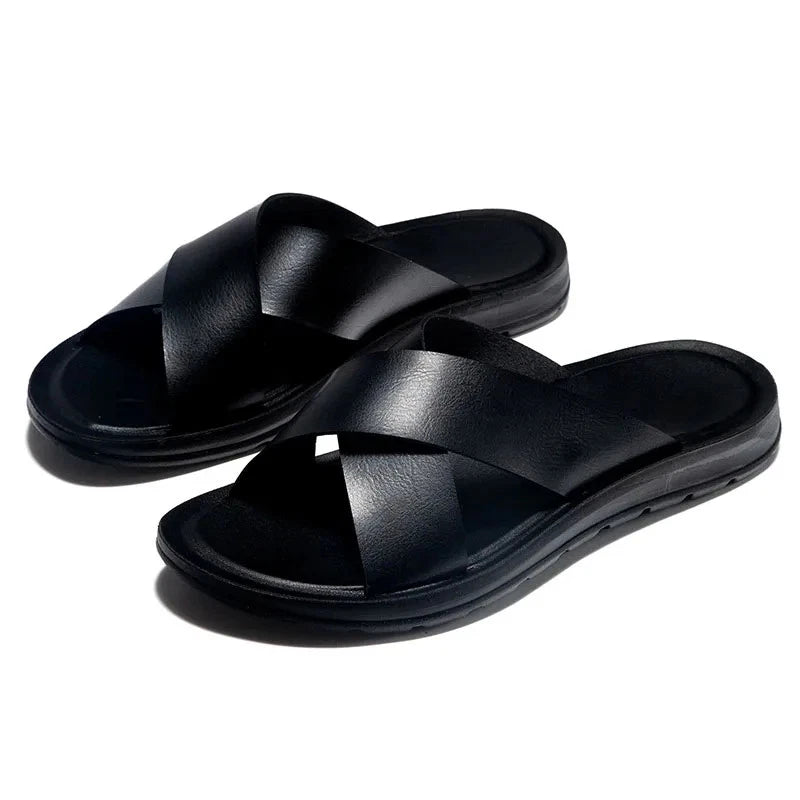 FUQIAO Summer Sandals Men Leather Classic Roman Open-toed Slipper Outdoor Beach