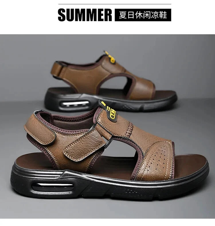 Men's Summer Cow Leather Sandals Designer Leisure Shoes Outside Beach Slippers