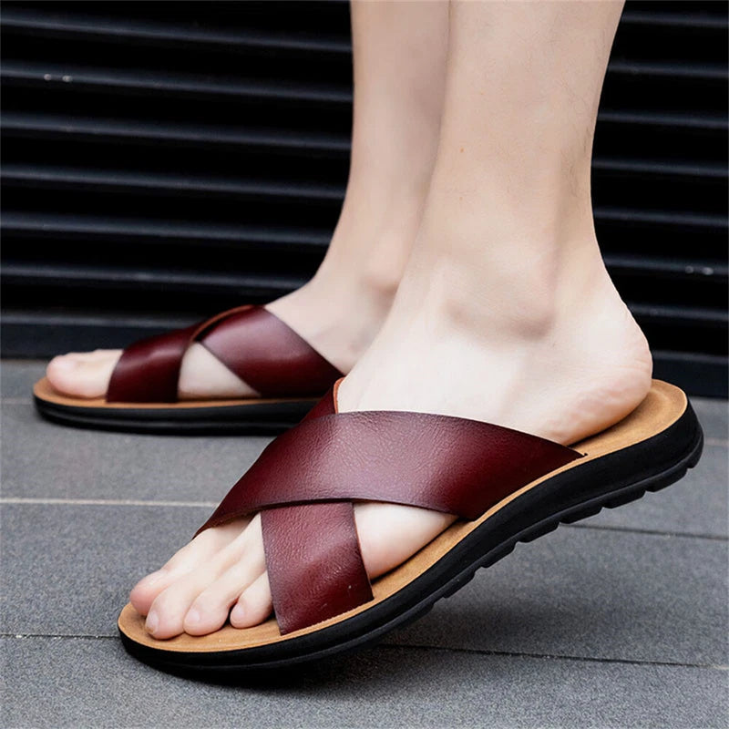 Men's Genuine Leather Slide Sandal Men's Outdoor Sports Slippers Beach Sandals