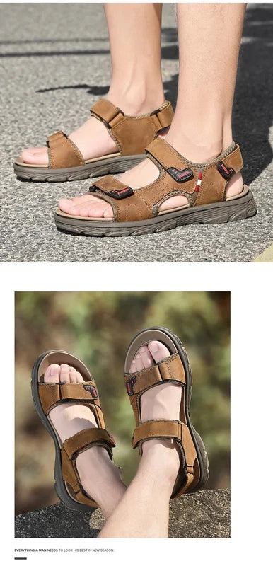 Classic Men's Sandals Leather Beach Casual Shoes Wading Outdoor Flat Slippers