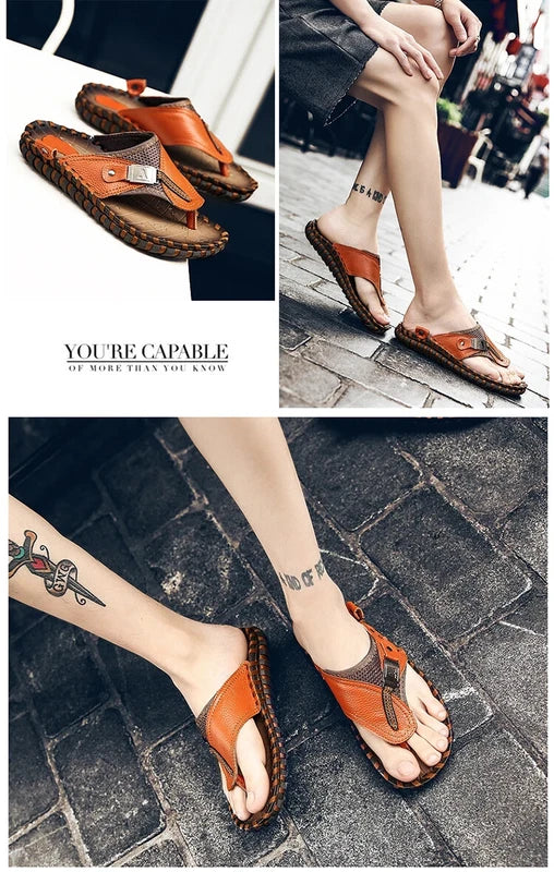 Men's Sandals Summer Outdoor Beach Leather Flip Flops Slippers Casual Shoes