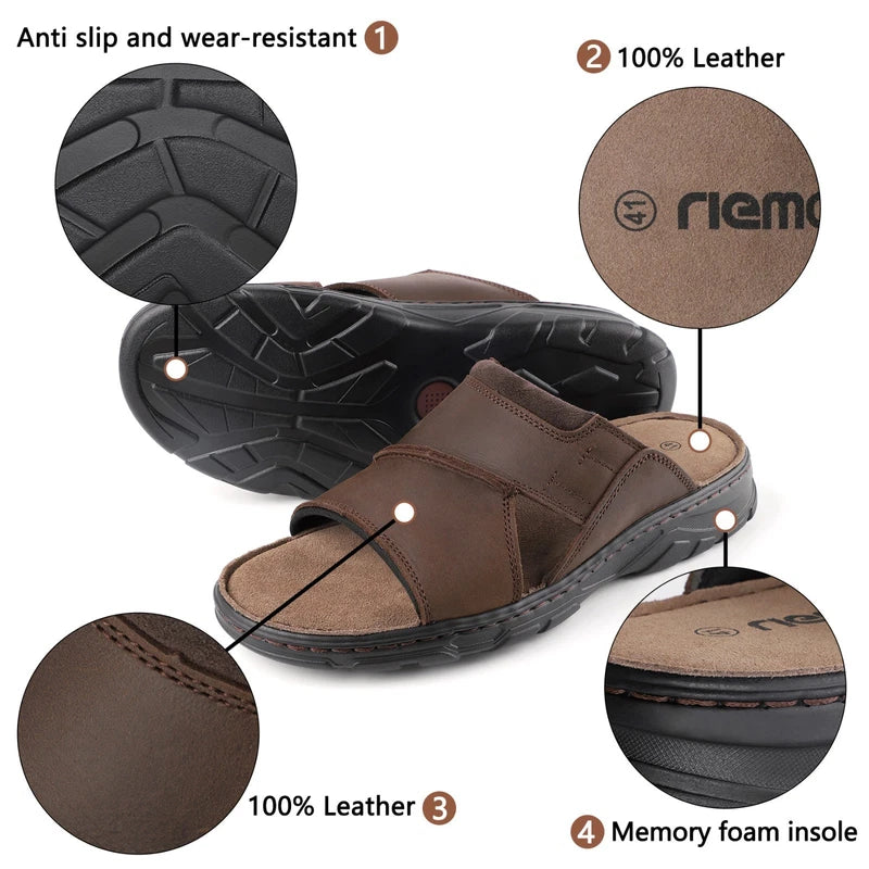 riemot men's leather sandals thick bottom non-slip lightweight slippers