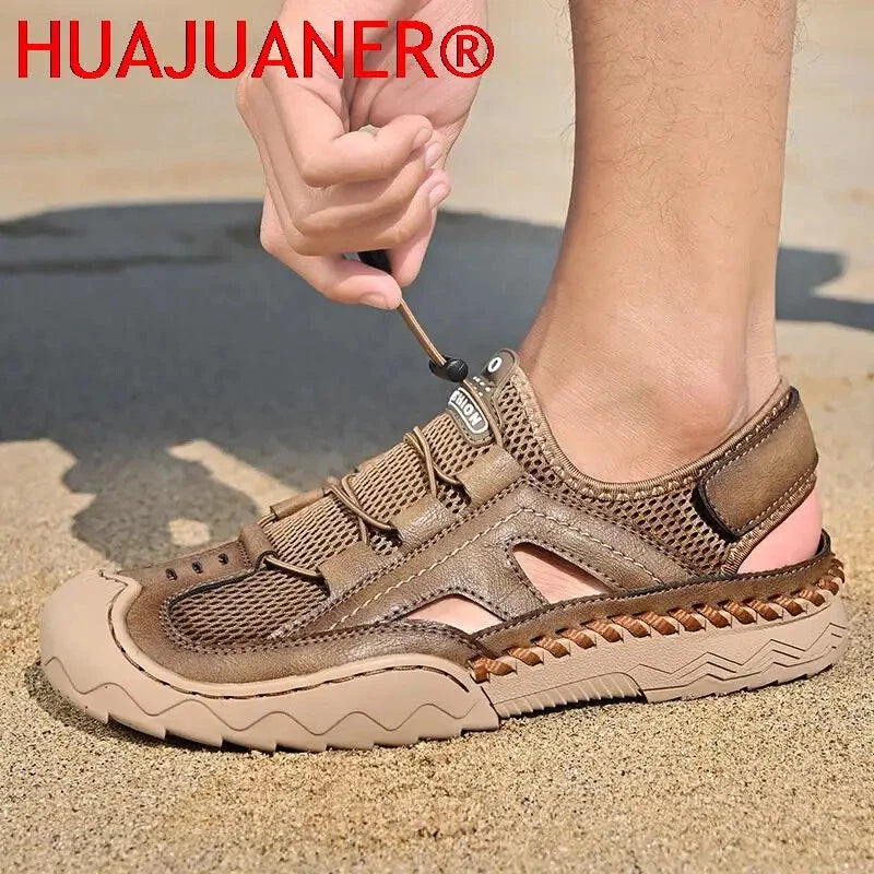 Summer Men's Leather Outdoor Beach Sandals Breathable Shoes Handmade Slippers